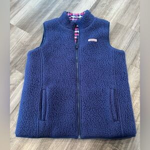 Vineyard Vines Kids Navy and Pink Plaid Reversible Sherpa Fleece Vest